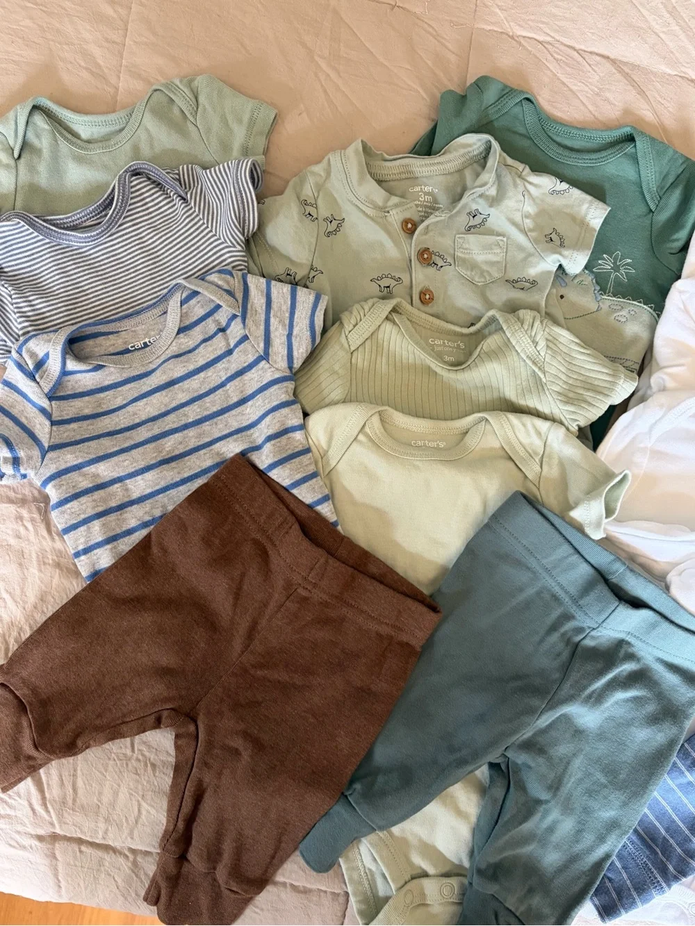 Carter's Bodysuit & Pants Set in Sage, White, Brown, Blue